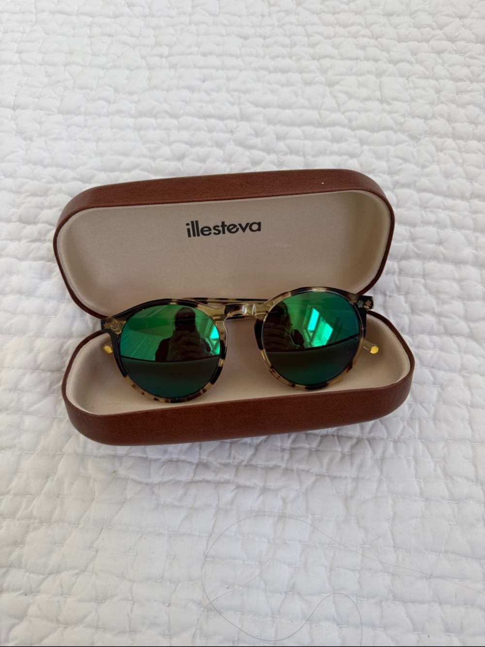 Illesteva Tortoiseshell Round Sunglasses with Green Mirrors